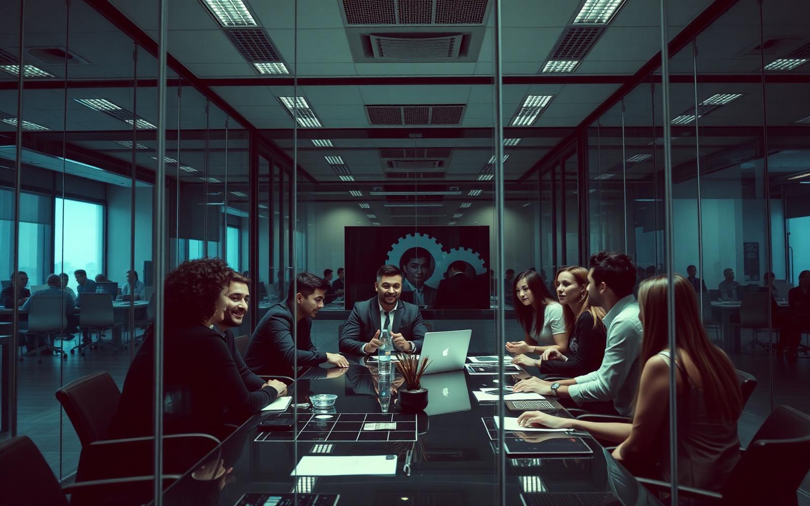 Team meeting in a modern glass conference room during a strategy session