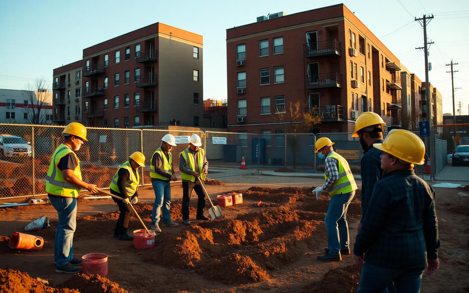 Community groundbreaking on an urban development site at golden hour